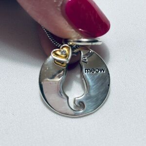 Brighton Cat's Meow w Heart Charm Necklace Long 32-34” Silver Plated Adorable